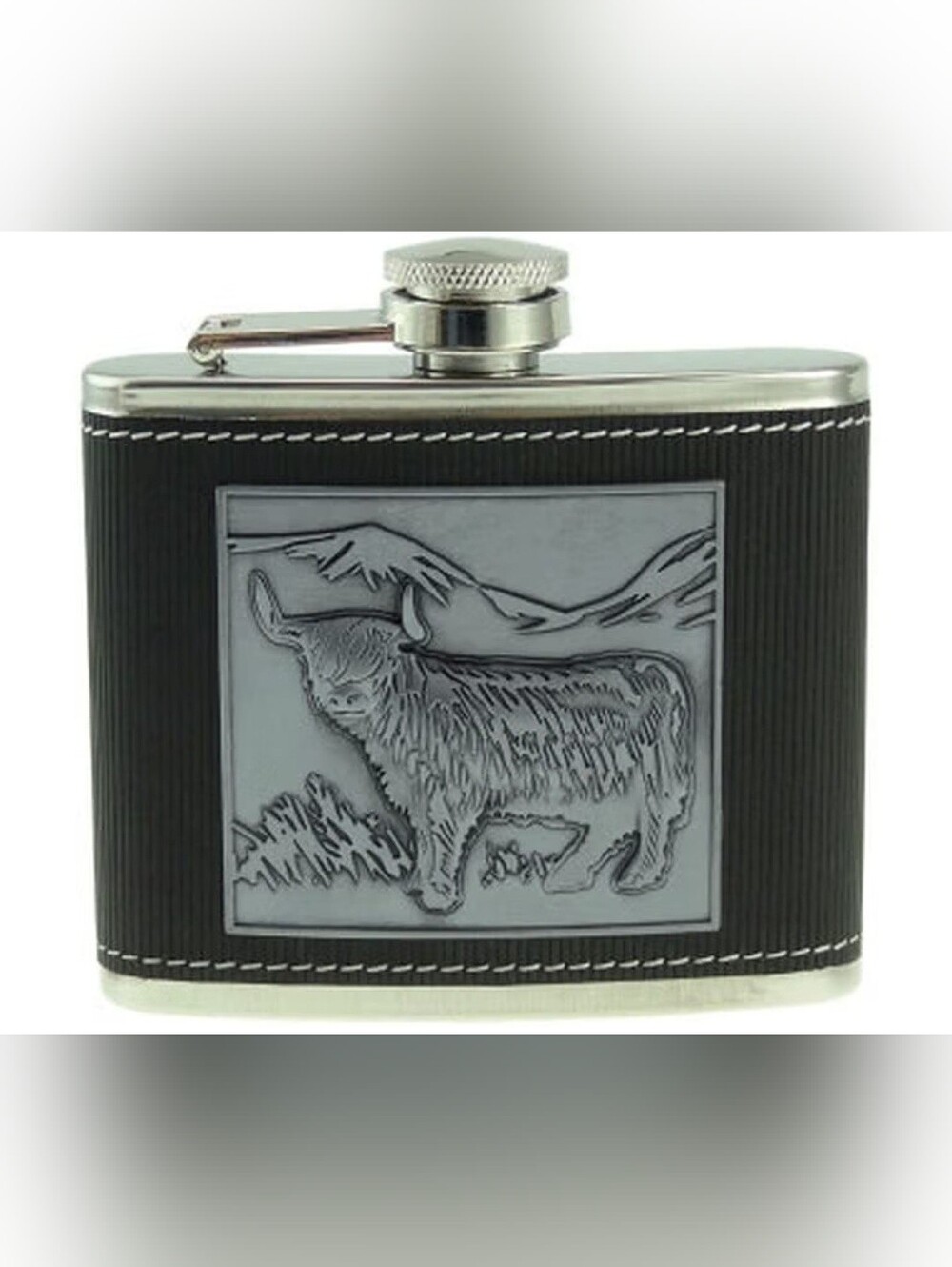 Glen Appin Metal Plate Hip Flask with Embossed Highland Cow Design (4oz)